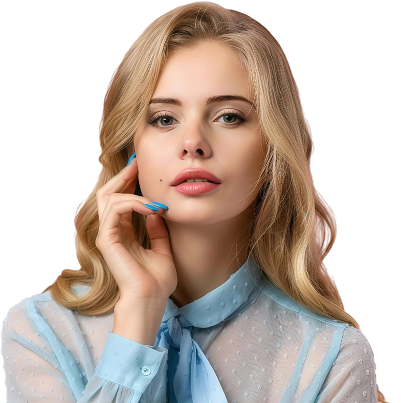 Blond woman with blue dress